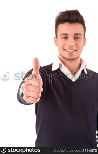 Young student expressing positivity - isolated over white