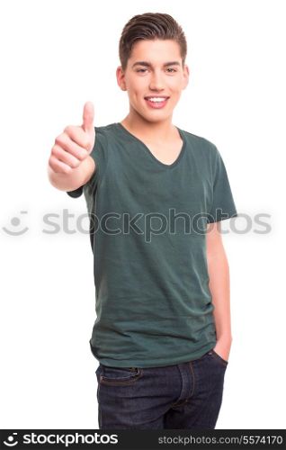 Young student expressing positivity - isolated over white