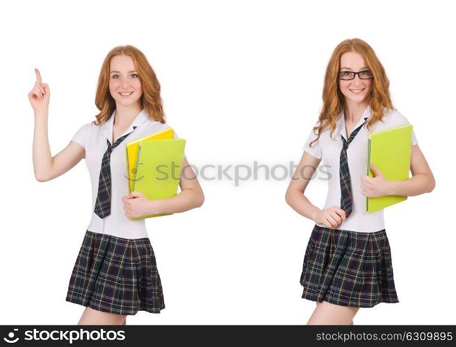 Young student female pointing isolated on white