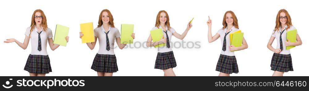 Young student female pointing isolated on white