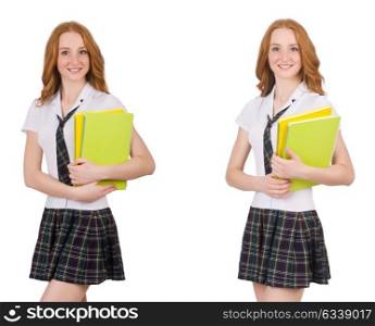 Young student female with textbooks isolated on white