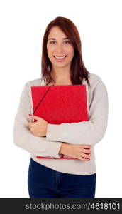 Young student girl with red folder isolated on a white background