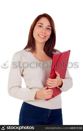 Young student girl with red folder isolated on a white background