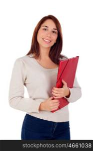 Young student girl with red folder isolated on a white background