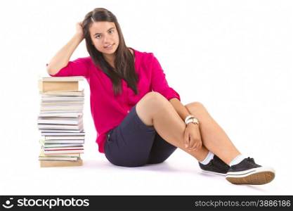 young student girl with stack of books on withe background