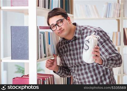 Young student in expensive textbooks concept