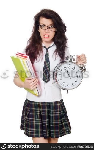 Young student missing exam deadline isolated on white