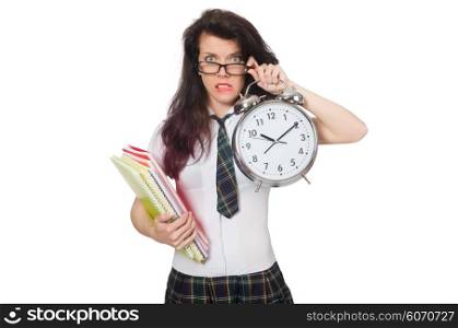Young student missing exam deadline isolated on white