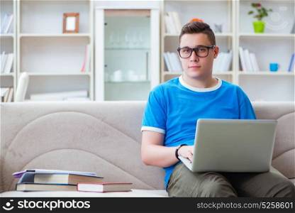 Young student preparing for exams studying at home on a sofa