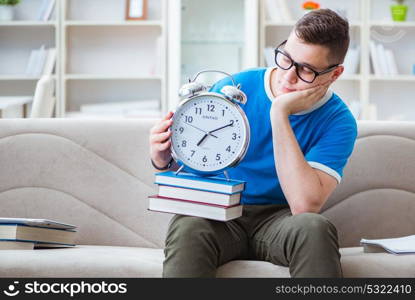 Young student preparing for exams studying at home on a sofa