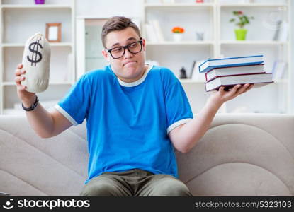 Young student preparing for exams studying at home on a sofa