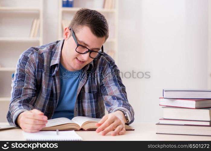 Young student preparing to school exams with books