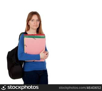 Young student with backpack and books isolated on white background