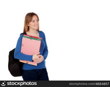 Young student with backpack and books isolated on white background