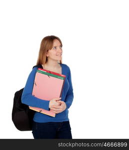 Young student with backpack and books isolated on white background