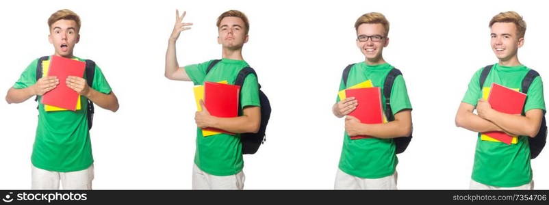 Young student with backpack and notes isolated on white 