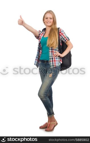 Young student with backpack isolated on white
