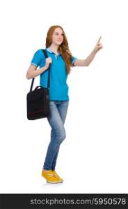 Young student with backpack isolated on white