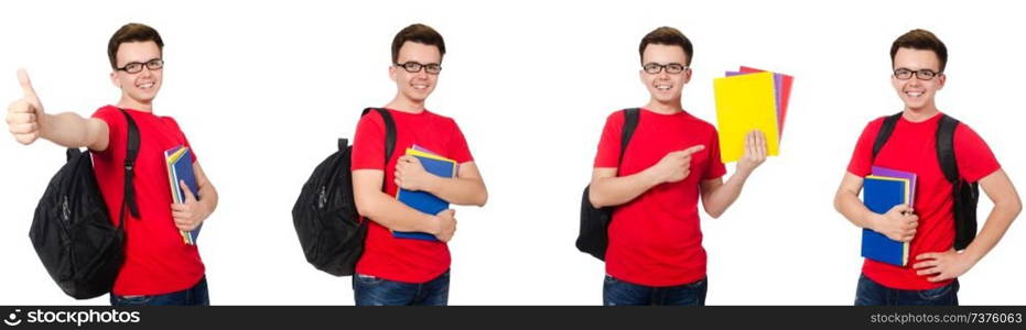 Young student with backpack isolated on white 