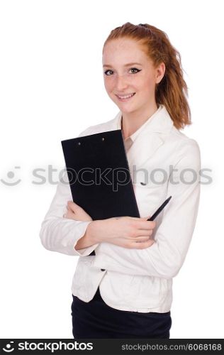 Young student with binder on white