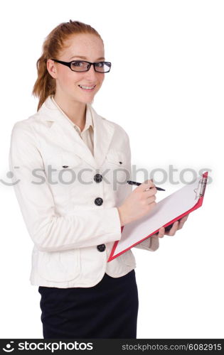 Young student with binder on white