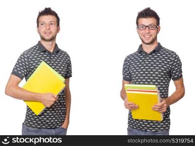 Young student with book and backpack on white