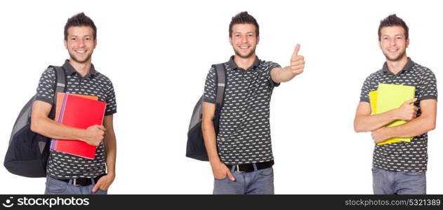 Young student with book and backpack on white