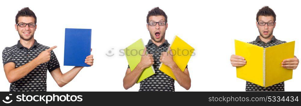 Young student with book and backpack on white