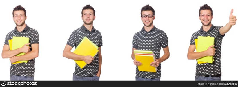 Young student with book and backpack on white