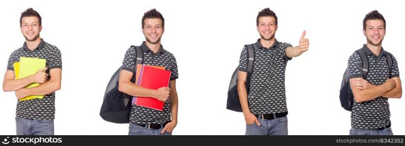 Young student with book and backpack on white