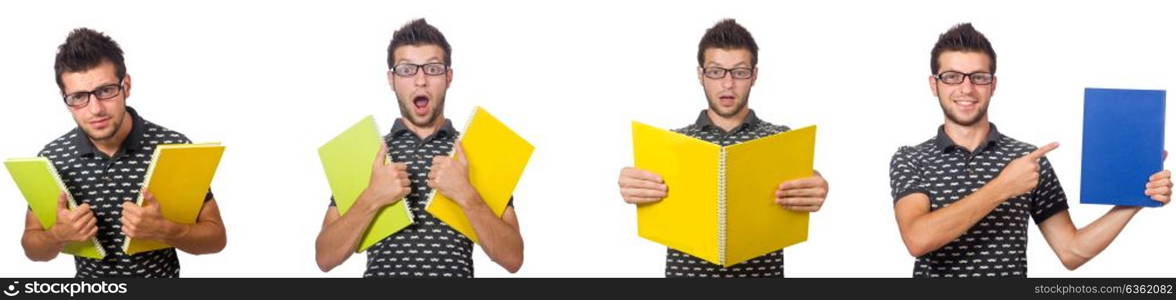 Young student with book and backpack on white