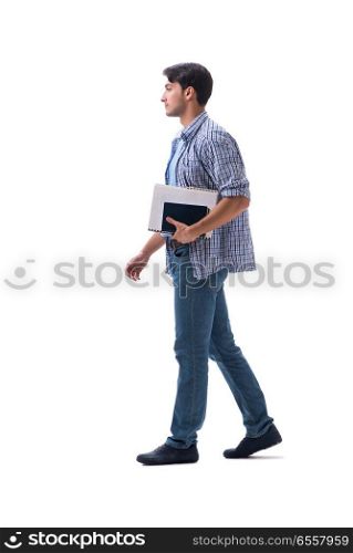 Young student with book ang notes isolated on white