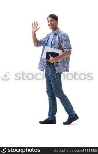 Young student with book ang notes isolated on white