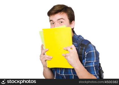 Young student with book on white