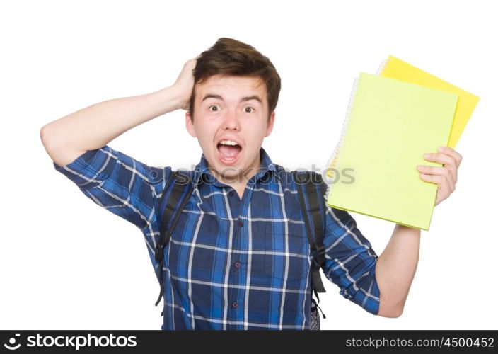 Young student with book on white