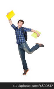 Young student with book on white