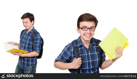 Young student with book on white