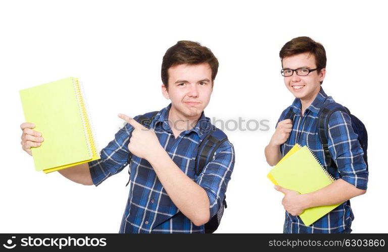 Young student with book on white