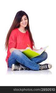 Young student with books on white