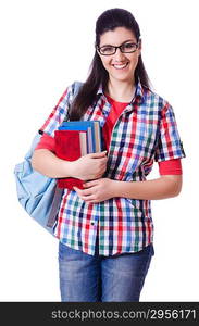 Young student with books on white