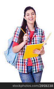 Young student with books on white