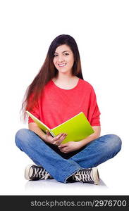 Young student with books on white