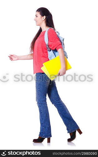 Young student with books on white