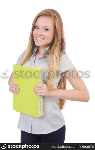 Young student with books on white