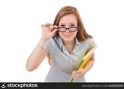 Young student with books on white