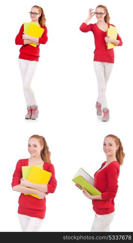 Young student with books on white