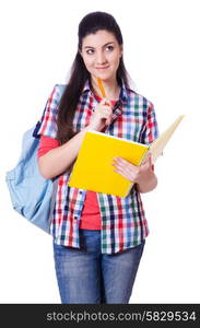 Young student with books on white