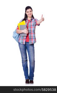 Young student with books on white