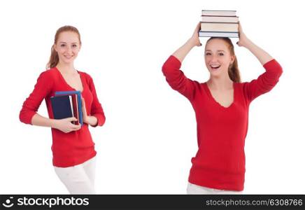 Young student with books on white