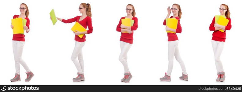 Young student with books on white